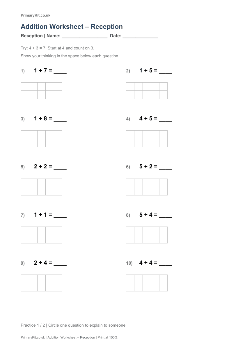 Detail from the first page of Addition Worksheet – Reception