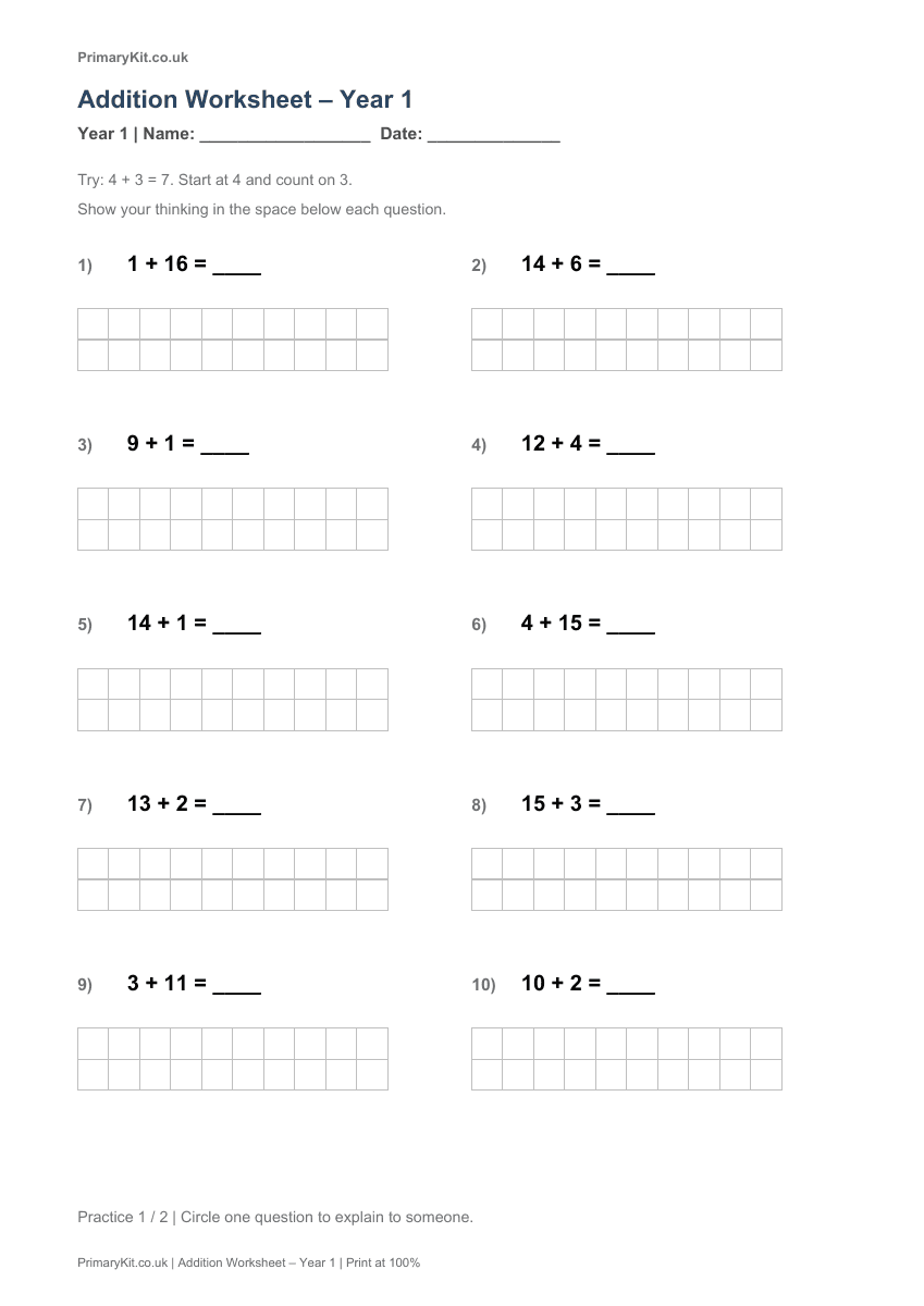Detail from the first page of Addition Worksheet – Year 1