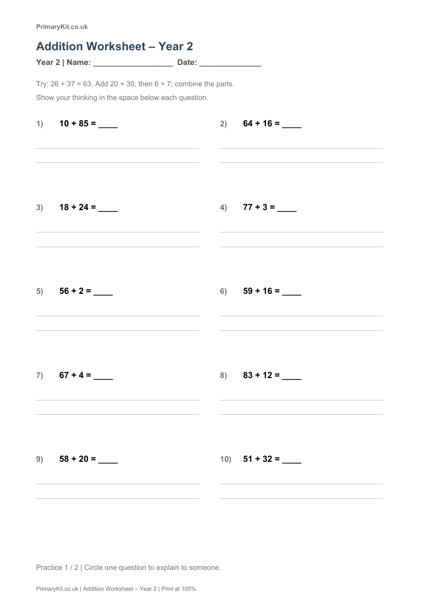 Detail from the first page of Addition Worksheet – Year 2