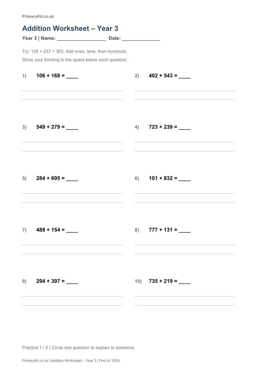 Detail from the first page of Addition Worksheet – Year 3