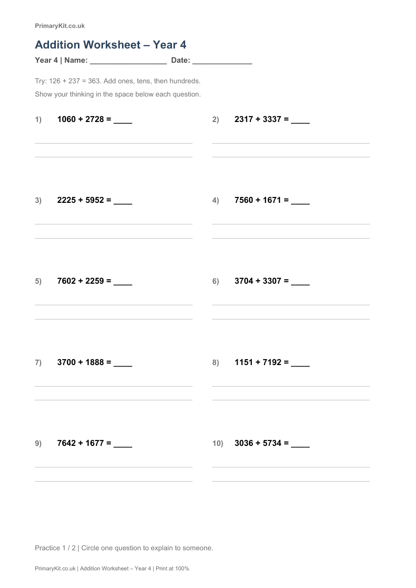 Detail from the first page of Addition Worksheet – Year 4