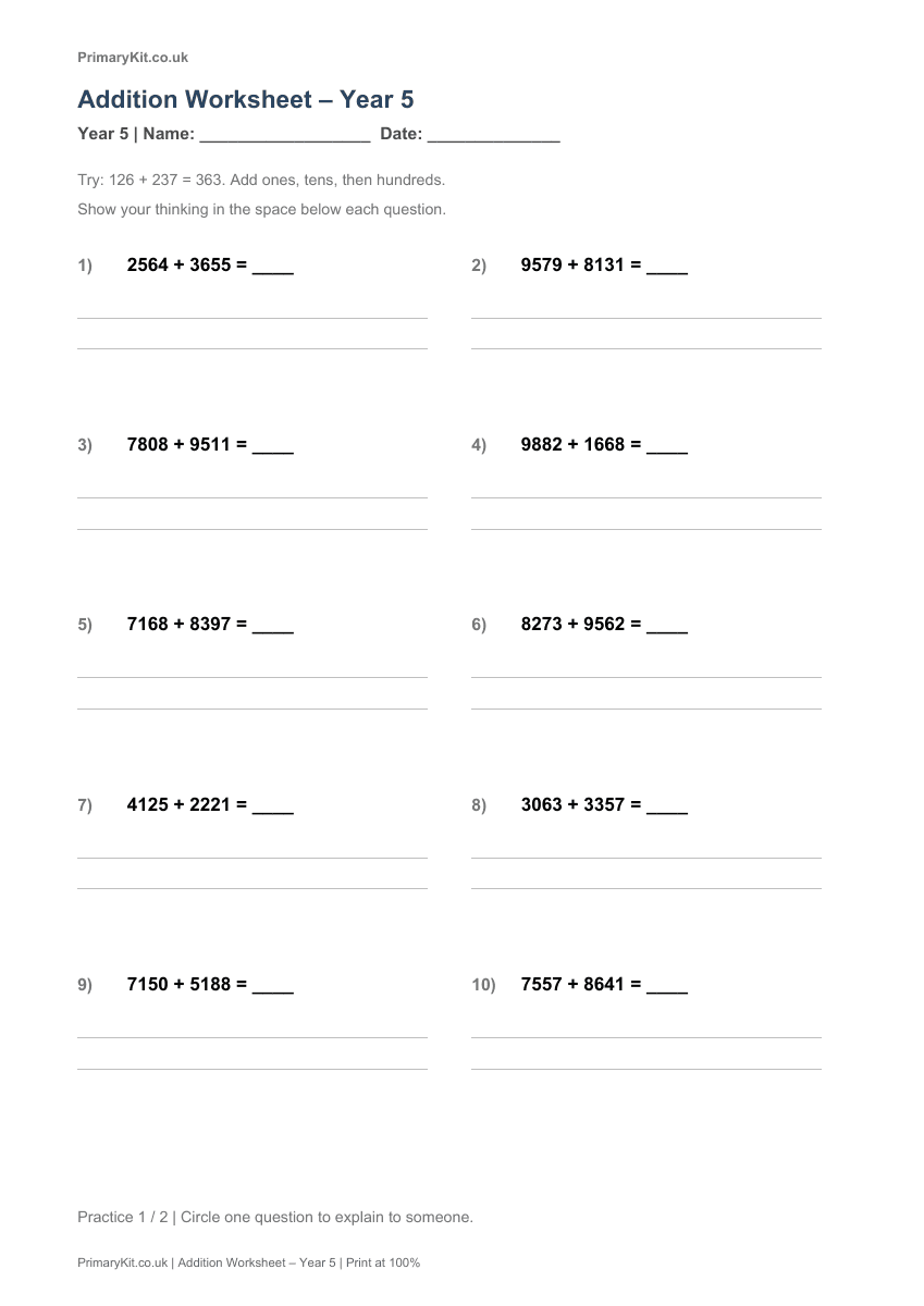 Actual PDF preview, page 1 of Addition Worksheet – Year 5