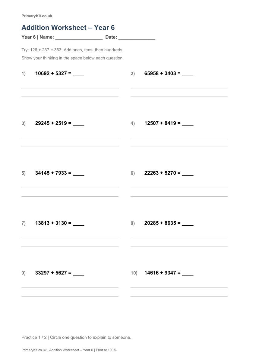 Detail from the first page of Addition Worksheet – Year 6