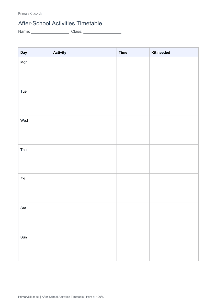 Detail from the first page of After-School Activities Timetable