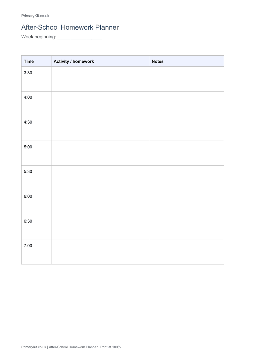 Detail from the first page of After-School Homework Planner