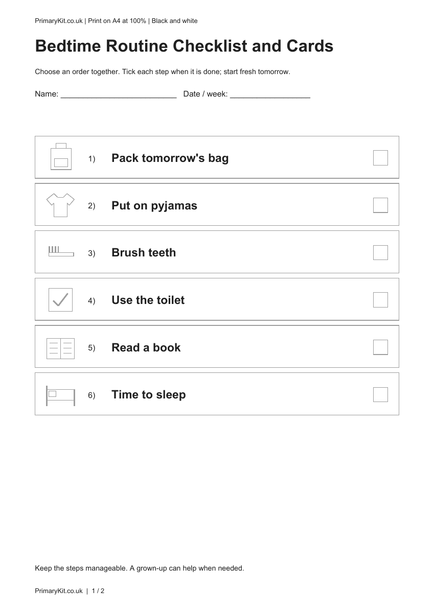 Detail from the first page of Bedtime Routine Checklist and Cards