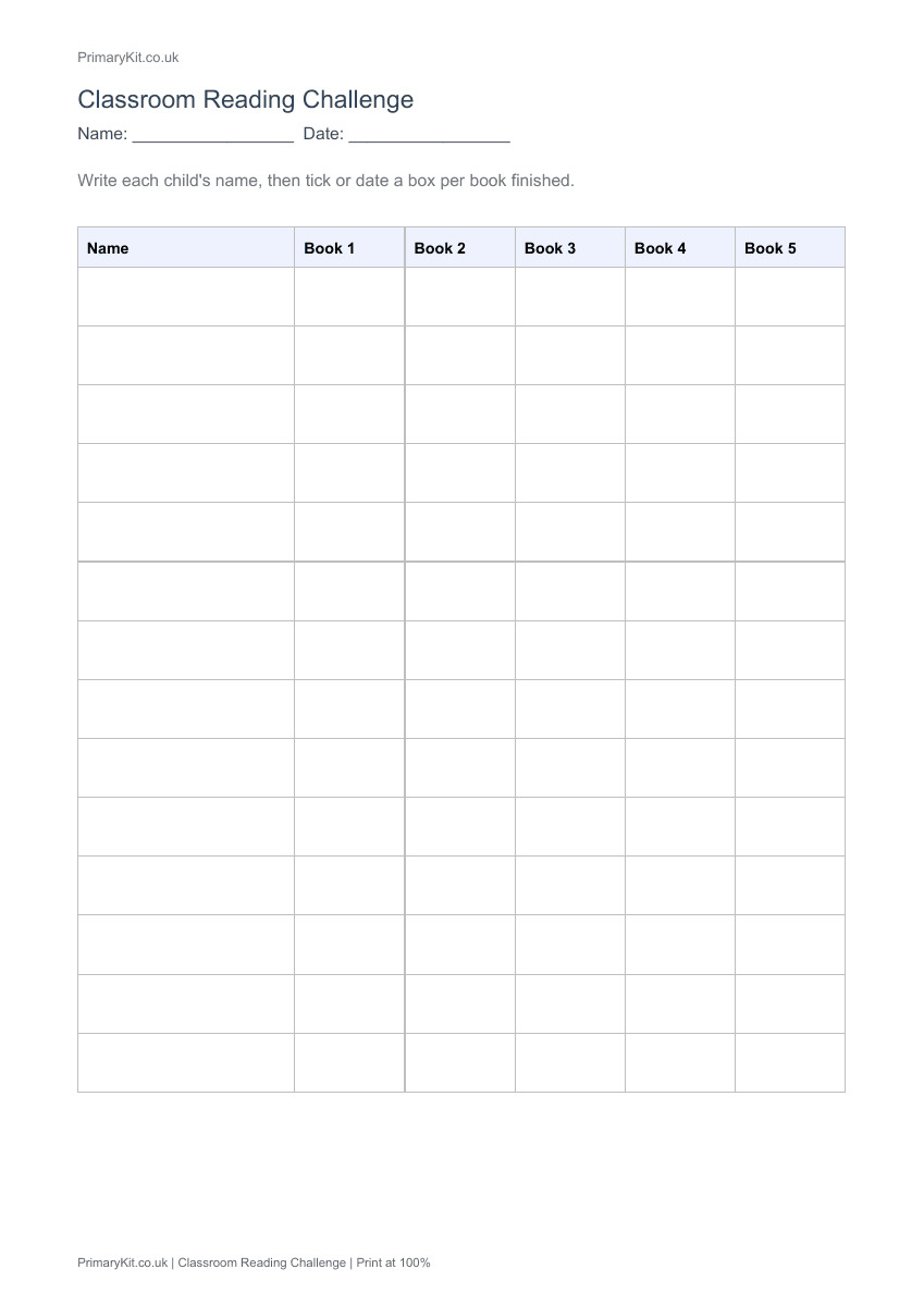 Actual PDF preview, page 1 of Classroom Reading Challenge