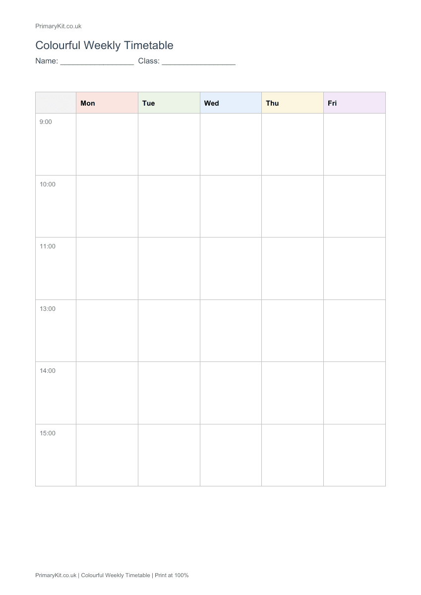 Detail from the first page of Colourful Weekly Timetable