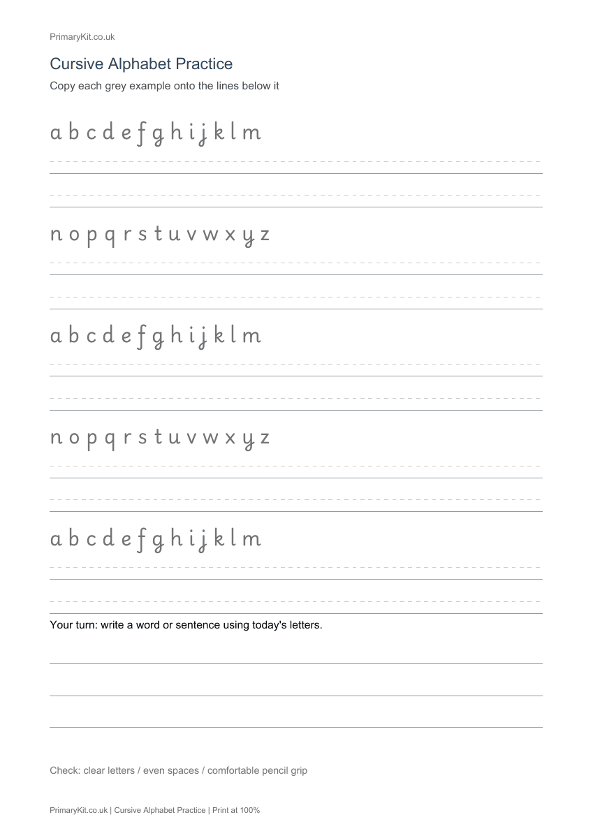 Detail from the first page of Cursive Alphabet Practice