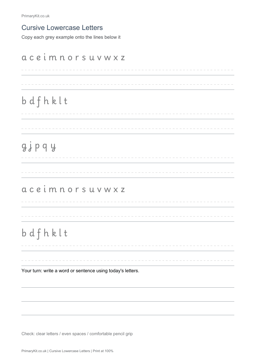 Detail from the first page of Cursive Lowercase Letters