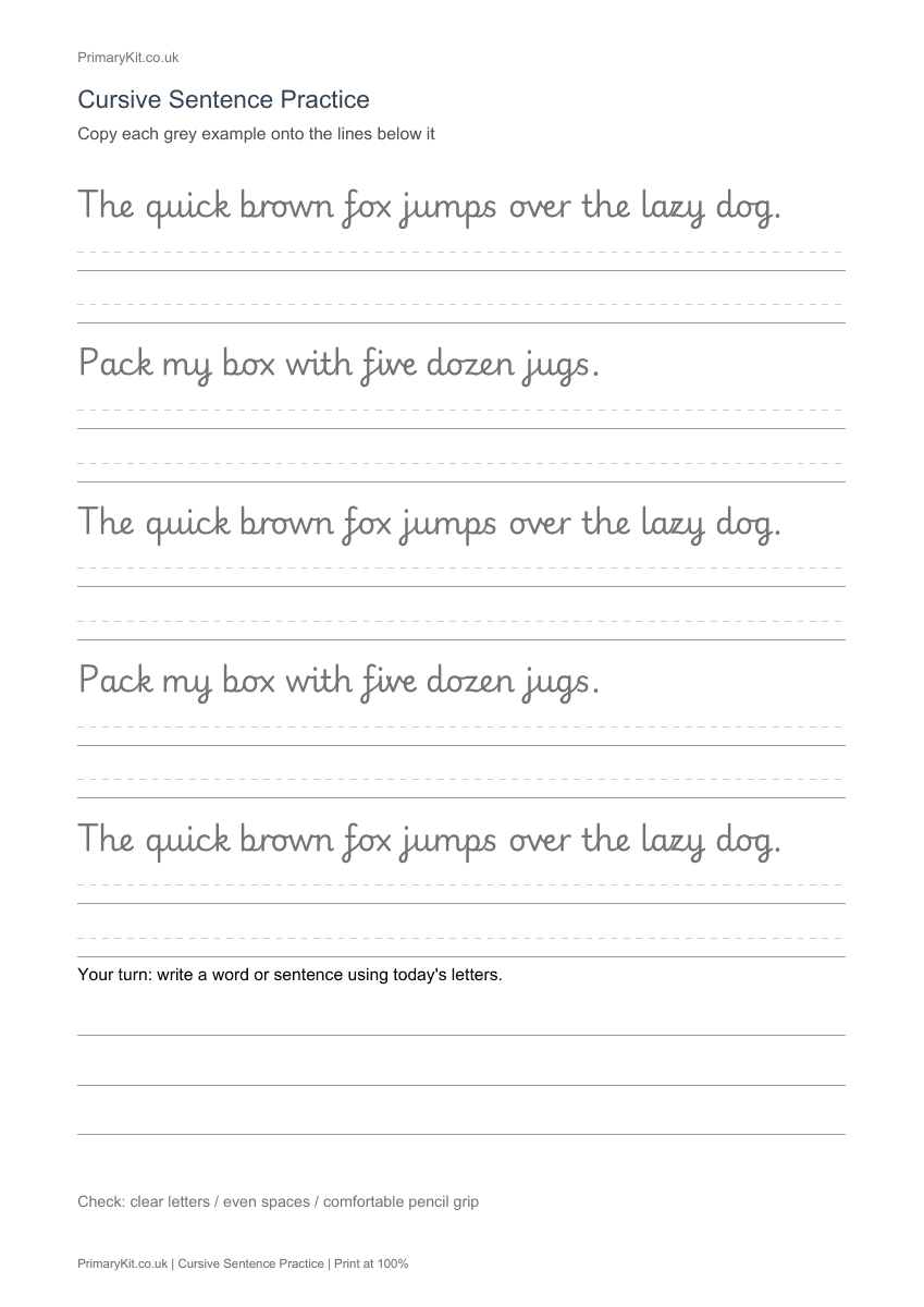 Detail from the first page of Cursive Sentence Practice