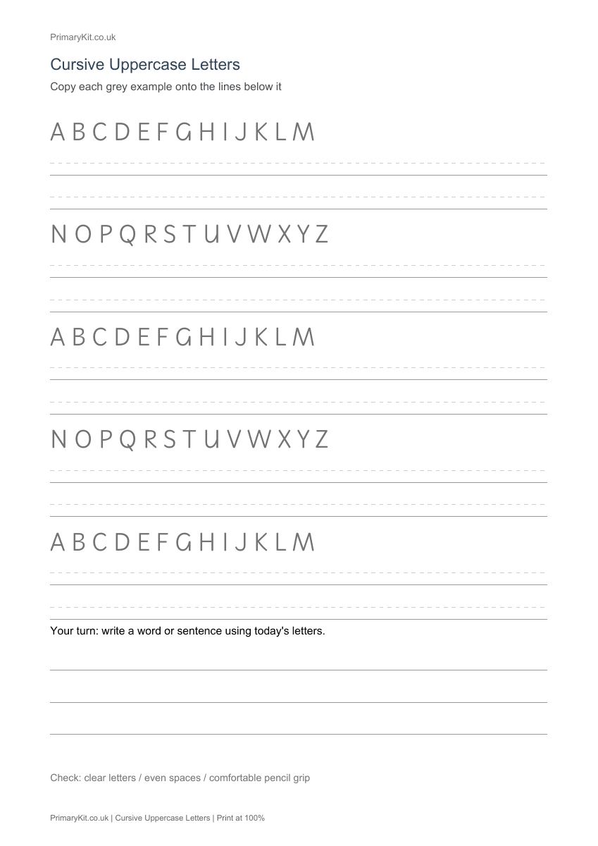 Detail from the first page of Cursive Uppercase Letters