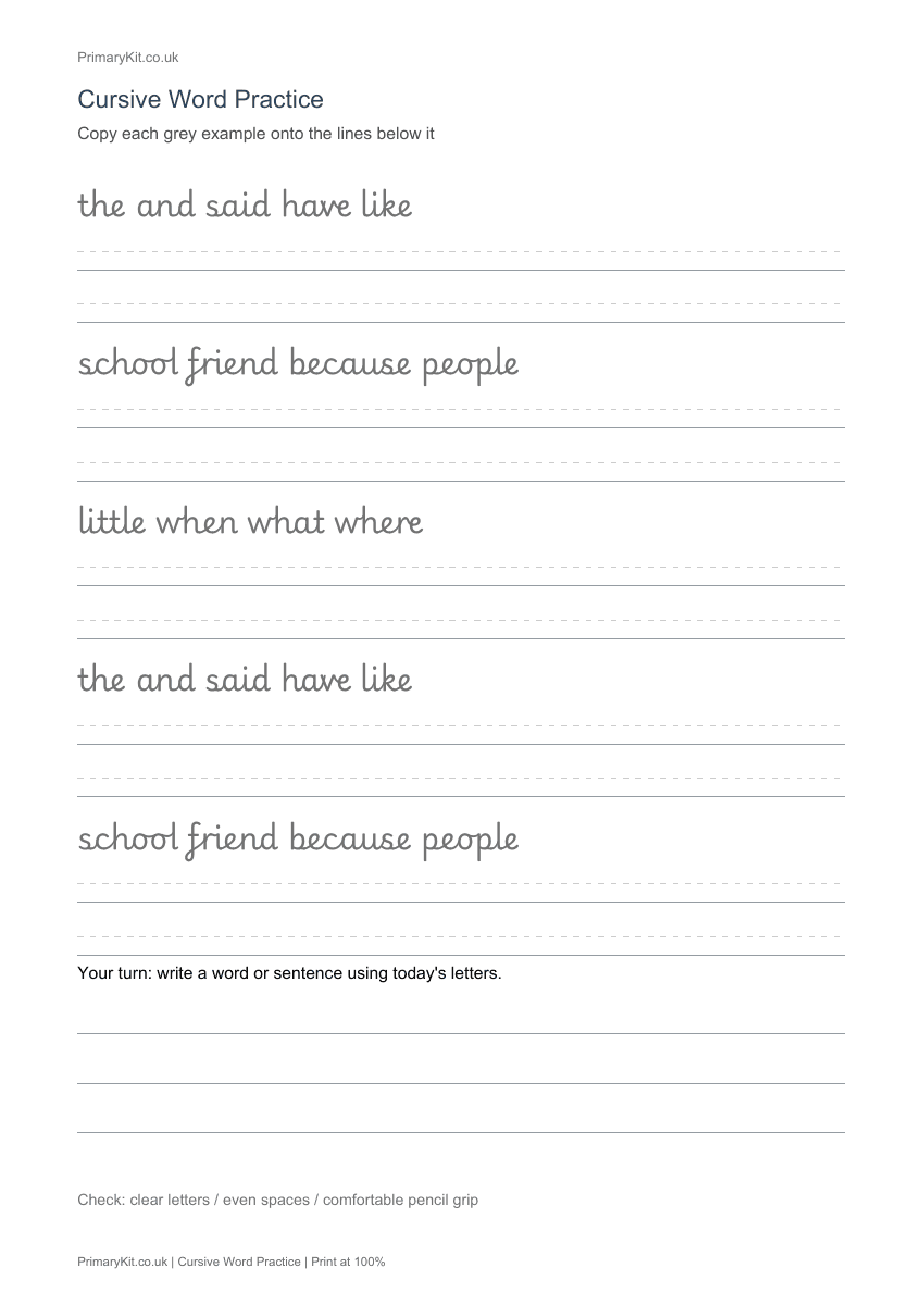 Actual PDF preview, page 1 of Cursive Word Practice
