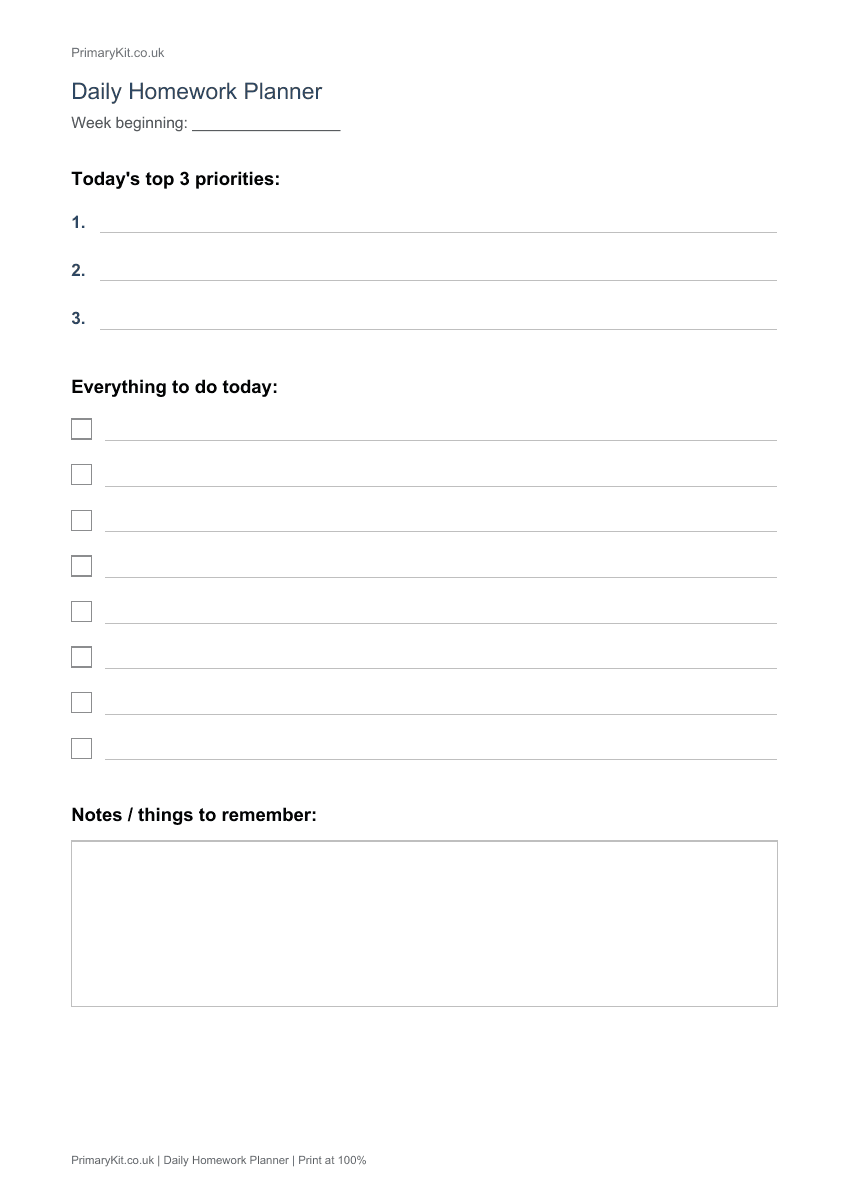 Detail from the first page of Daily Homework Planner