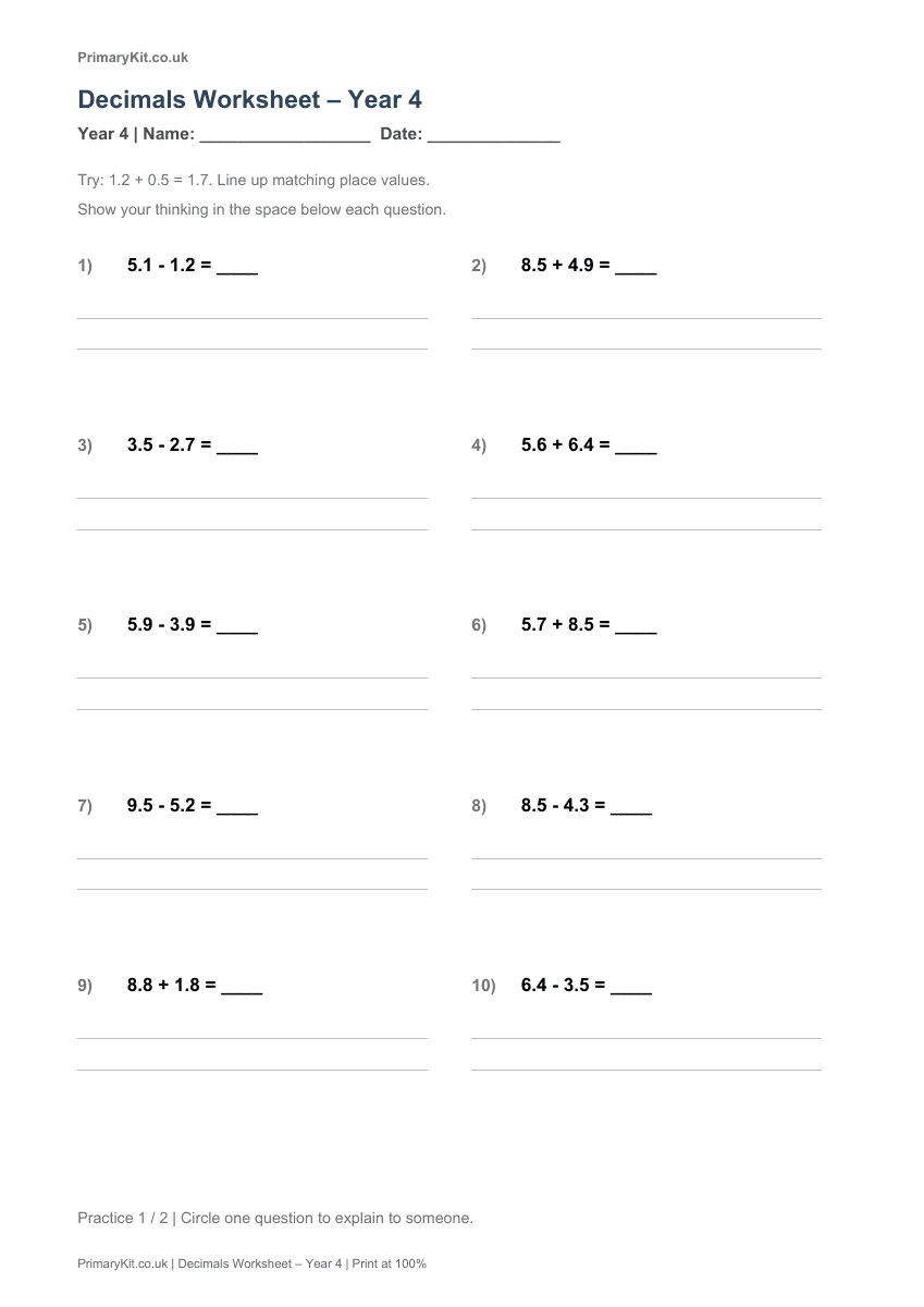Detail from the first page of Decimals Worksheet – Year 4