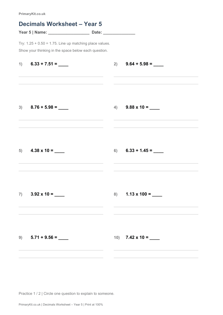 Detail from the first page of Decimals Worksheet – Year 5