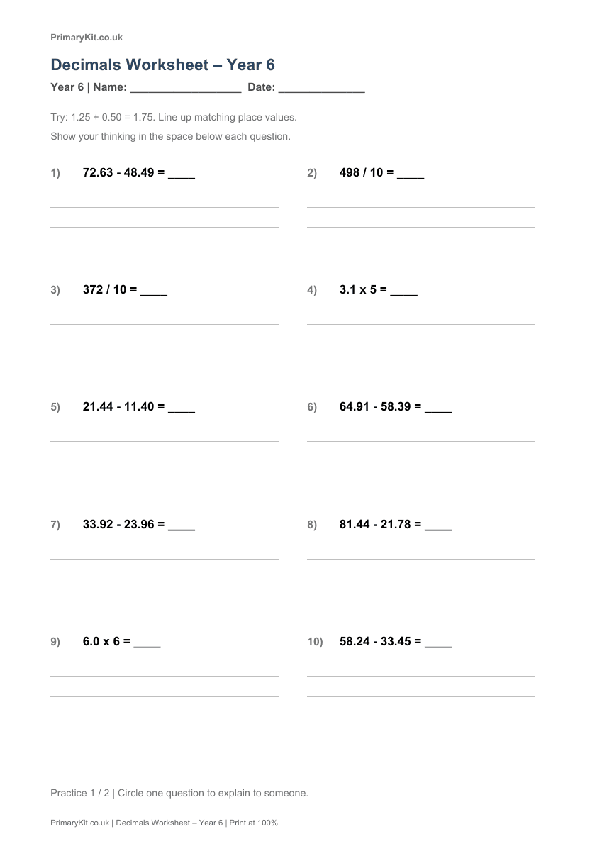 Actual PDF preview, page 1 of Decimals Worksheet – Year 6
