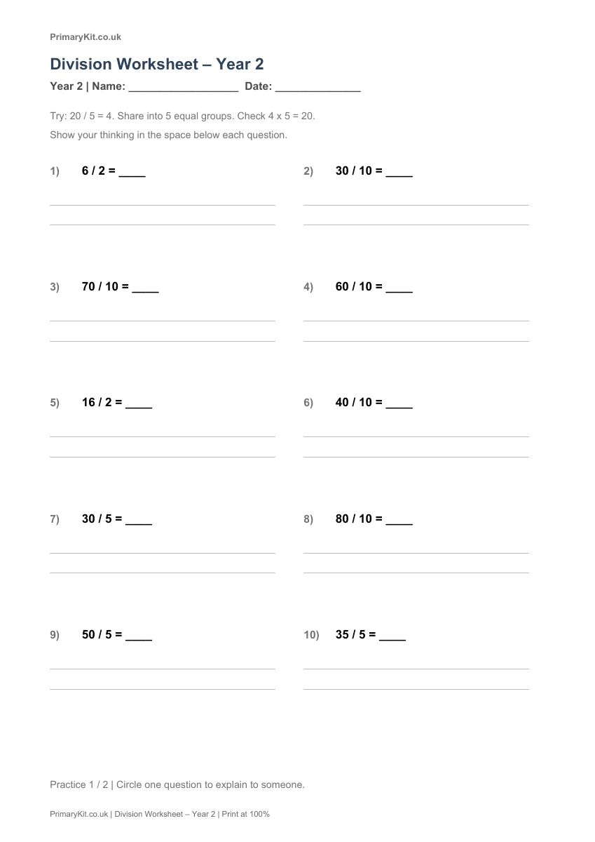 Detail from the first page of Division Worksheet – Year 2