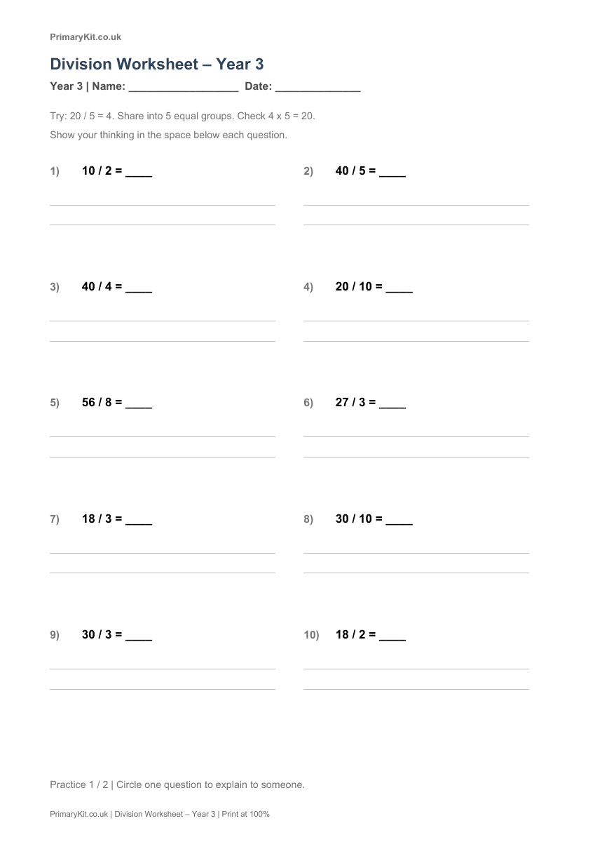 Detail from the first page of Division Worksheet – Year 3