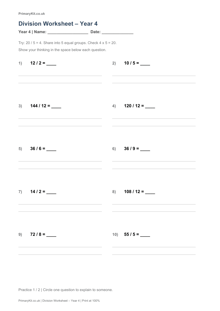 Detail from the first page of Division Worksheet – Year 4