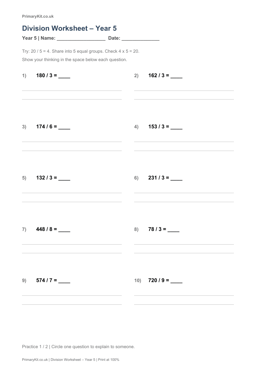 Detail from the first page of Division Worksheet – Year 5