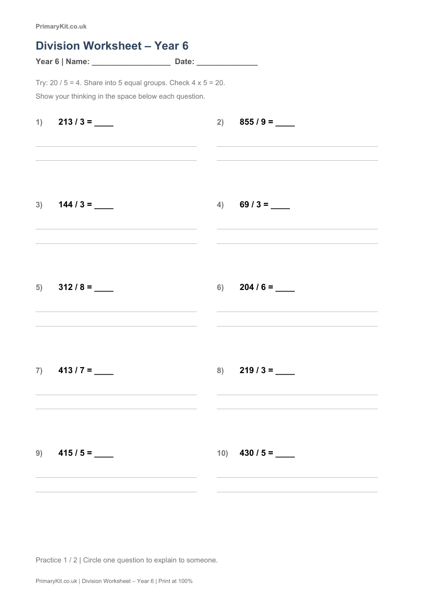 Detail from the first page of Division Worksheet – Year 6