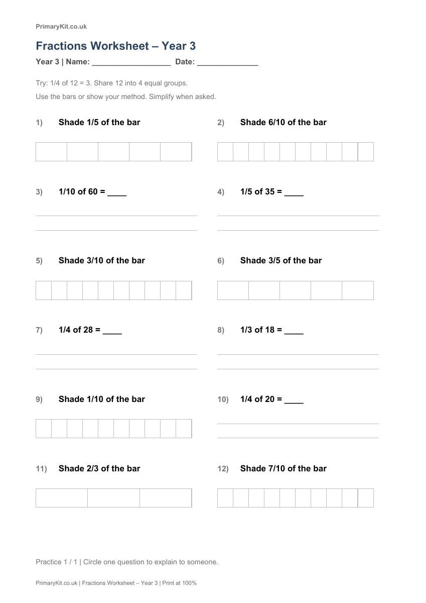 Detail from the first page of Fractions Worksheet – Year 3