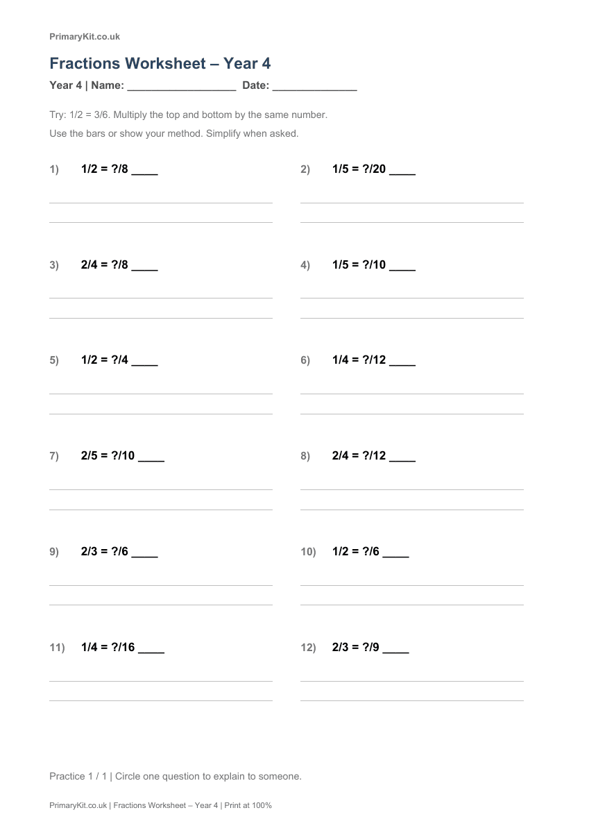 Detail from the first page of Fractions Worksheet – Year 4