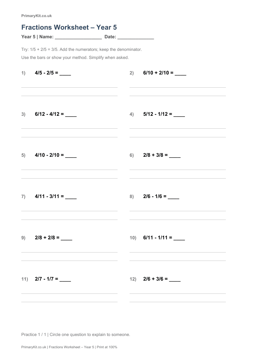Actual PDF preview, page 1 of Fractions Worksheet – Year 5
