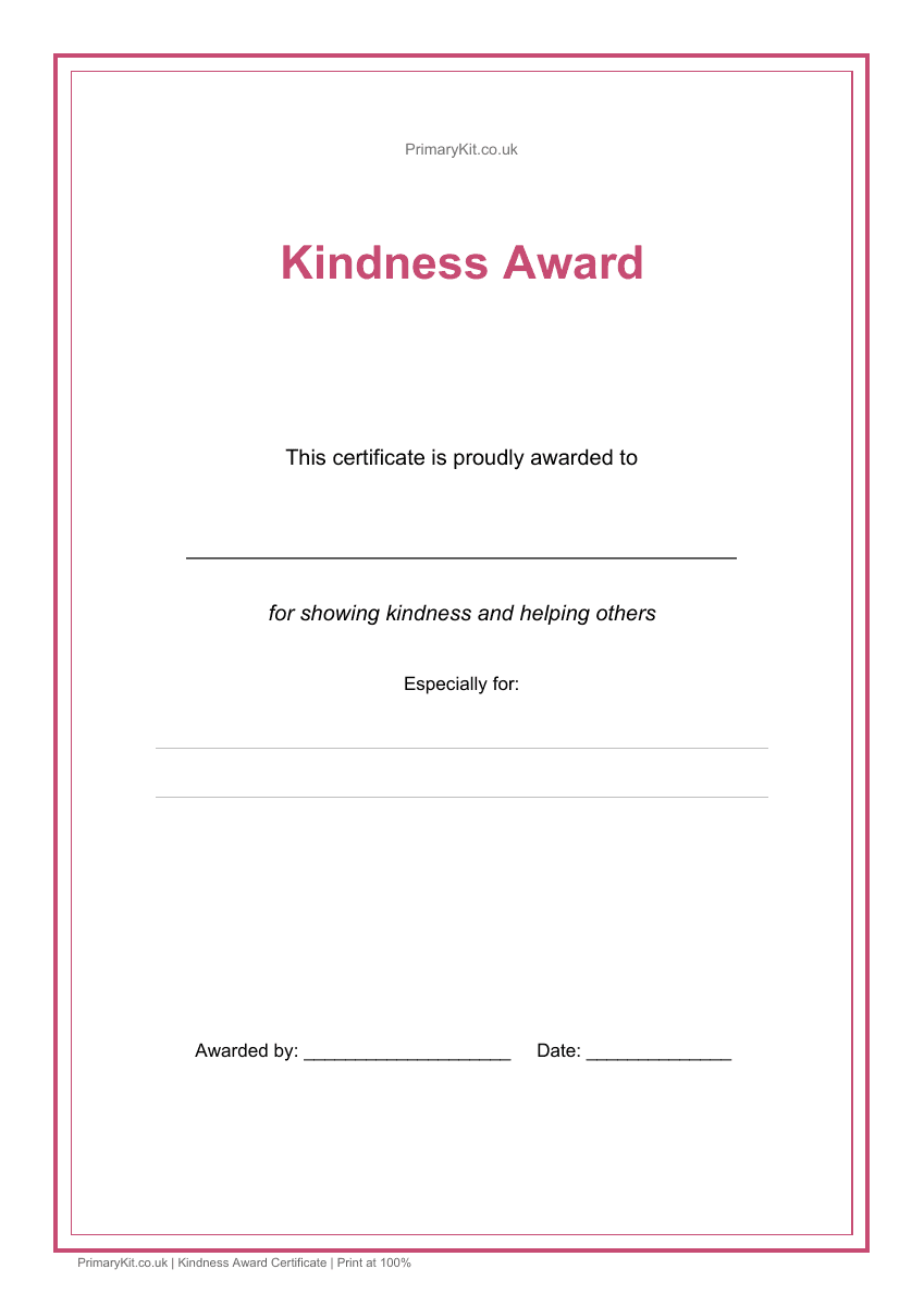 Detail from the first page of Kindness Award Certificate