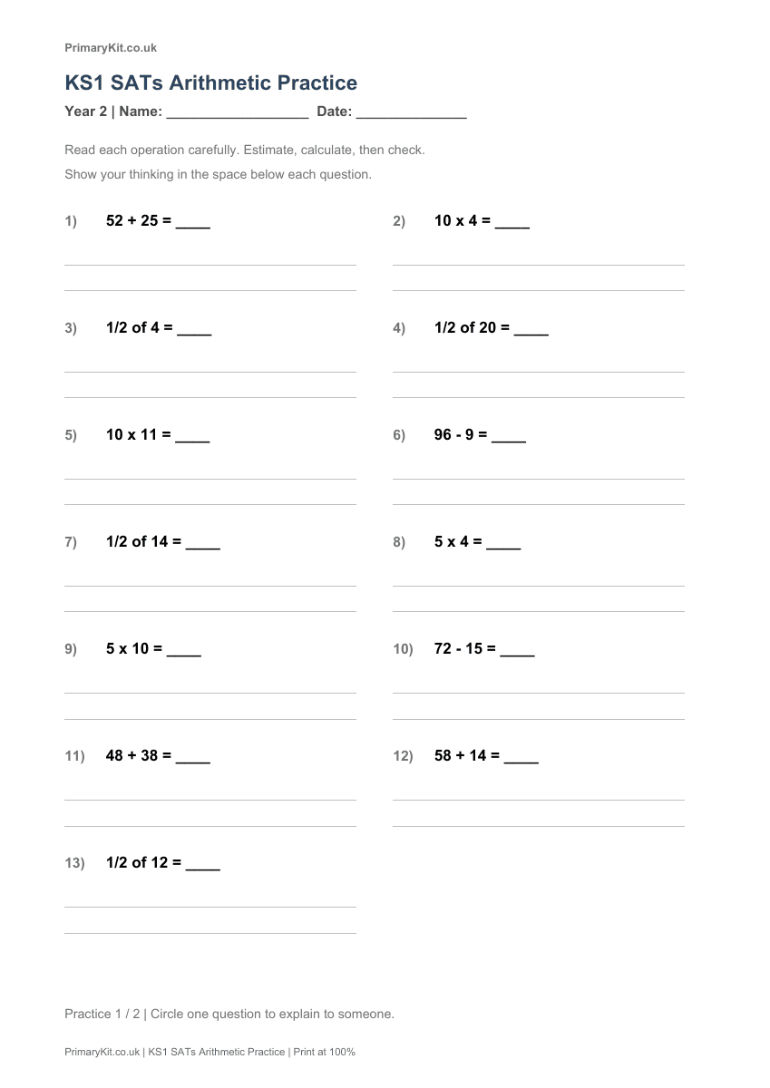 Actual PDF preview, page 1 of KS1 SATs Arithmetic Practice
