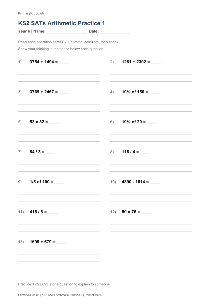 Detail from the first page of KS2 SATs Arithmetic Practice 1