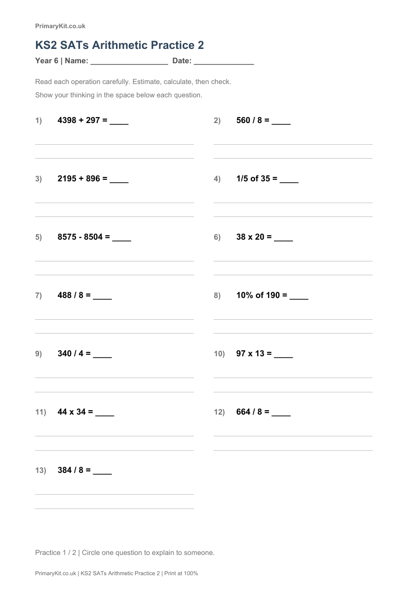 Detail from the first page of KS2 SATs Arithmetic Practice 2