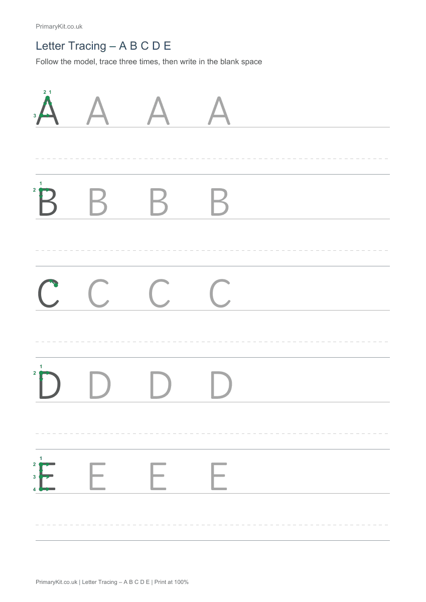 Actual PDF preview, page 1 of Letter Tracing – A B C D E