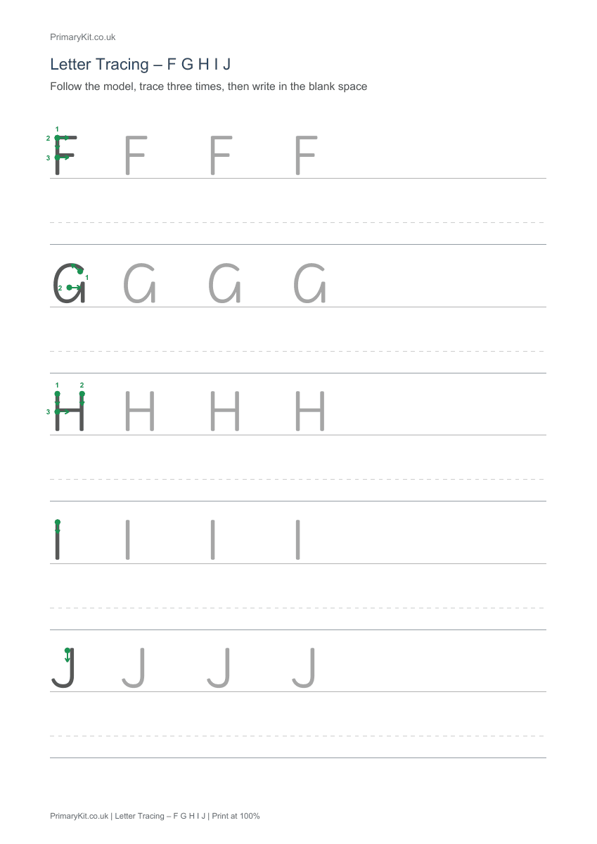 Detail from the first page of Letter Tracing – F G H I J