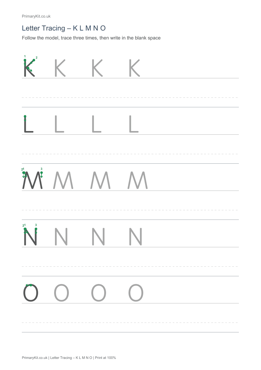 Detail from the first page of Letter Tracing – K L M N O