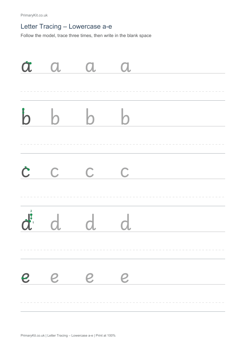 Actual PDF preview, page 1 of Letter Tracing – Lowercase a-e