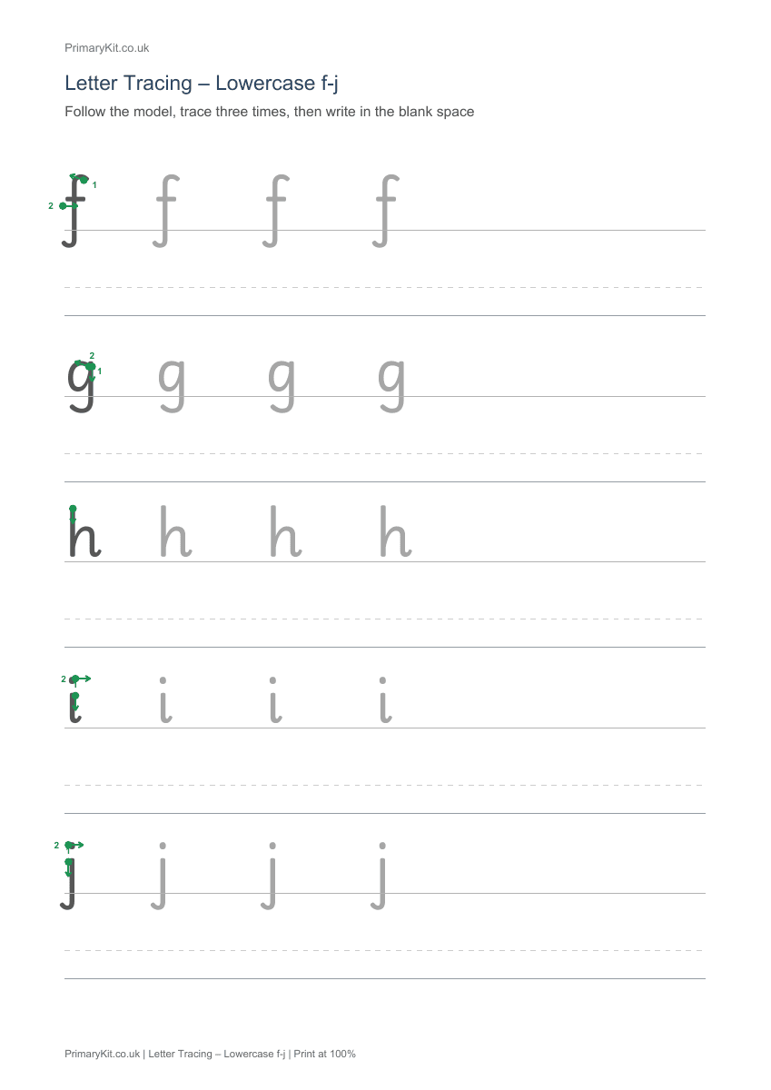 Actual PDF preview, page 1 of Letter Tracing – Lowercase f-j