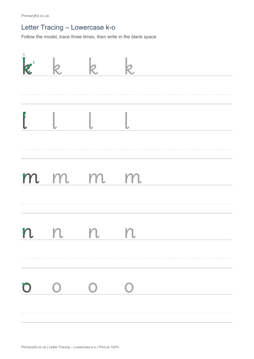 Actual PDF preview, page 1 of Letter Tracing – Lowercase k-o