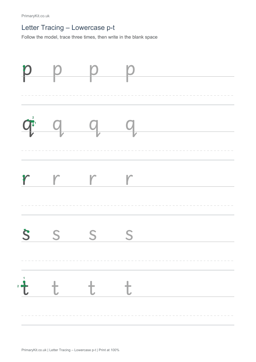 Actual PDF preview, page 1 of Letter Tracing – Lowercase p-t