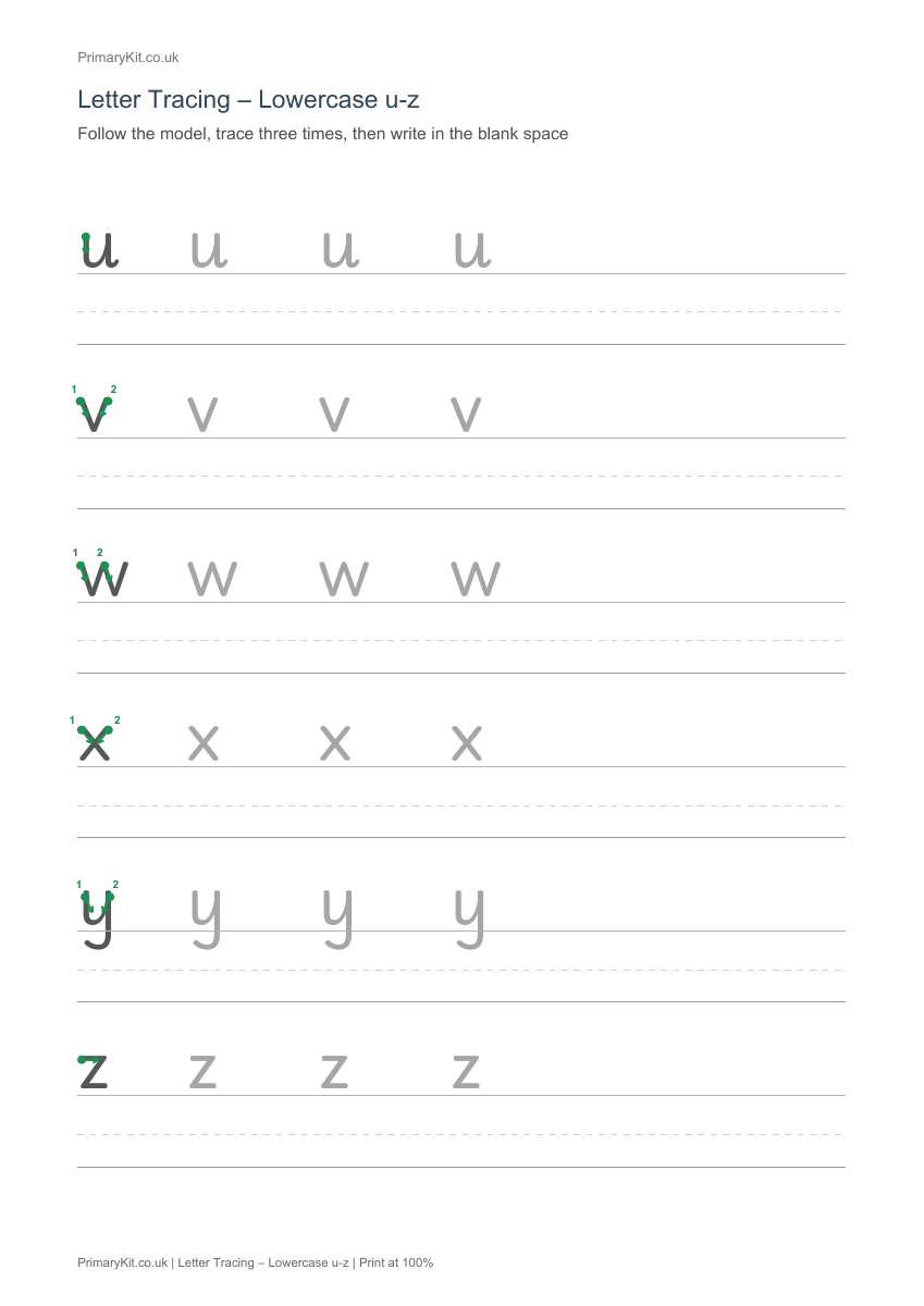 Actual PDF preview, page 1 of Letter Tracing – Lowercase u-z