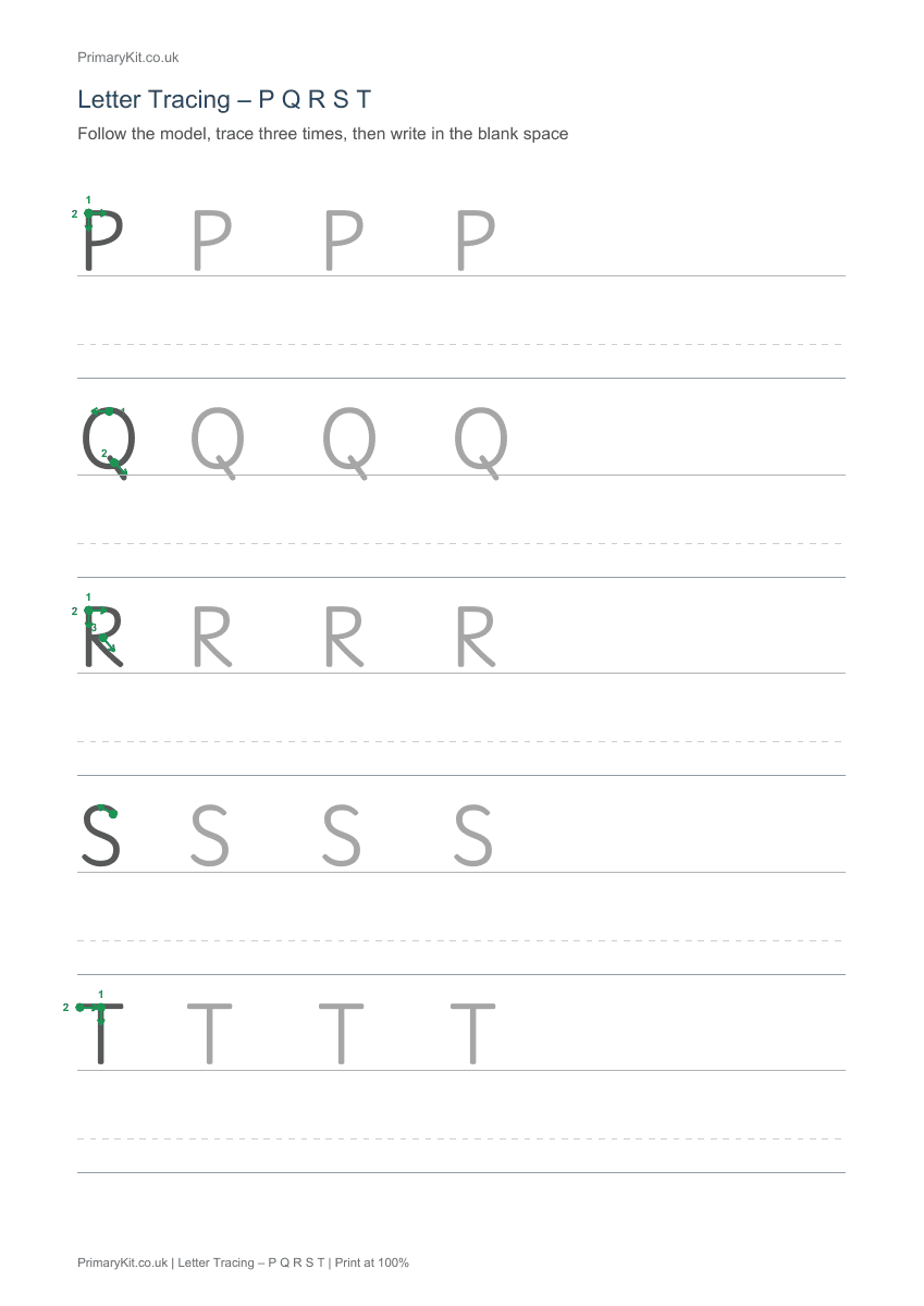 Detail from the first page of Letter Tracing – P Q R S T