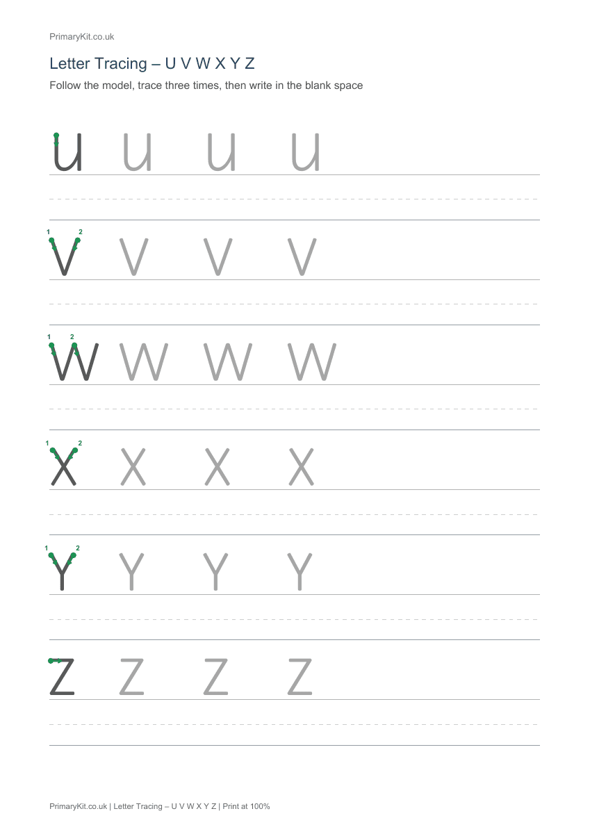 Detail from the first page of Letter Tracing – U V W X Y Z