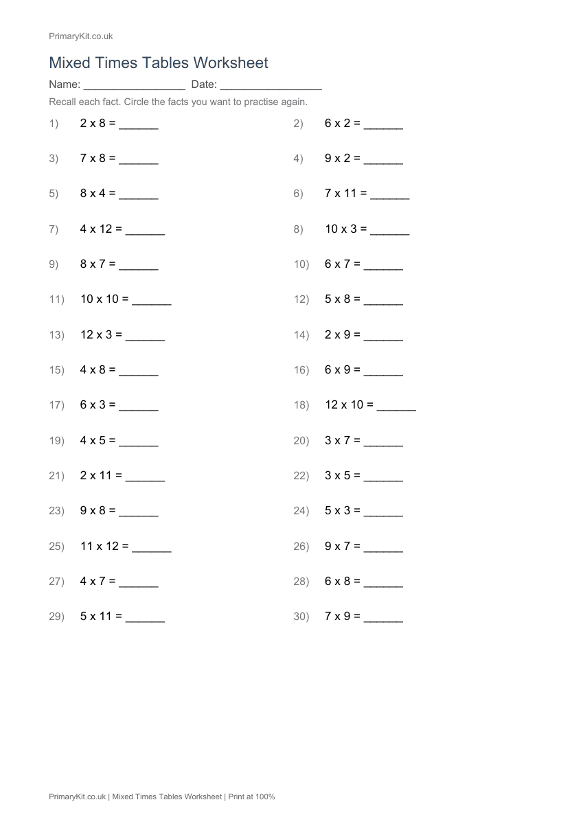 Actual PDF preview, page 1 of Mixed Times Tables Worksheet