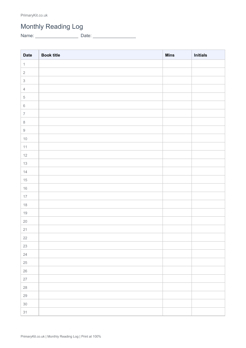 Detail from the first page of Monthly Reading Log
