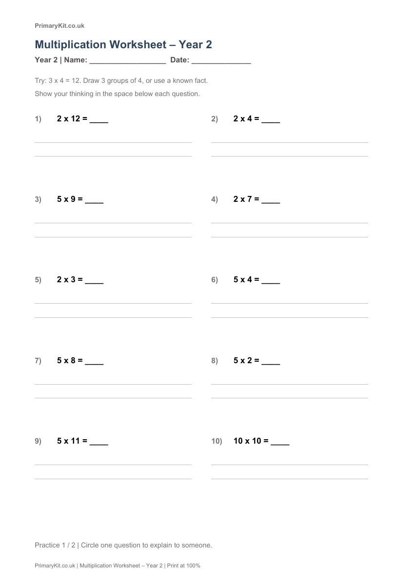 Actual PDF preview, page 1 of Multiplication Worksheet – Year 2