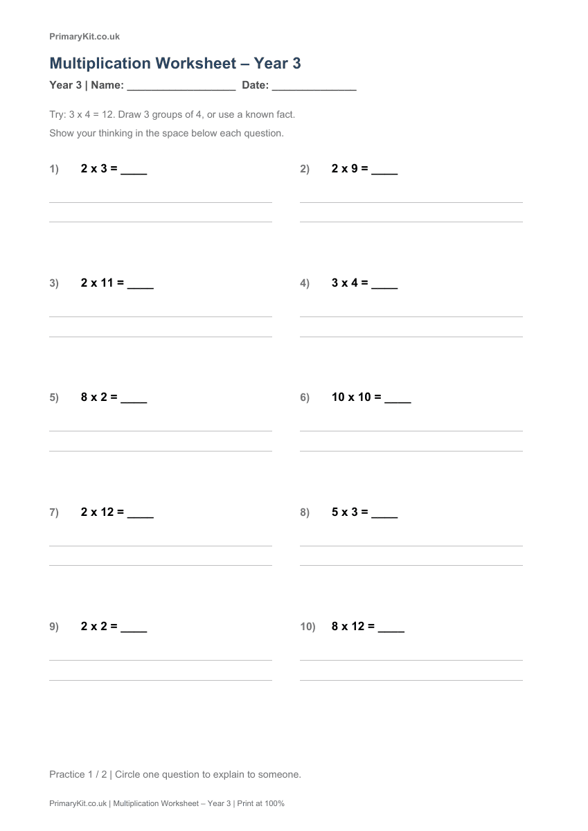 Detail from the first page of Multiplication Worksheet – Year 3