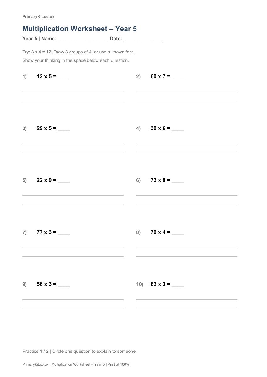 Detail from the first page of Multiplication Worksheet – Year 5