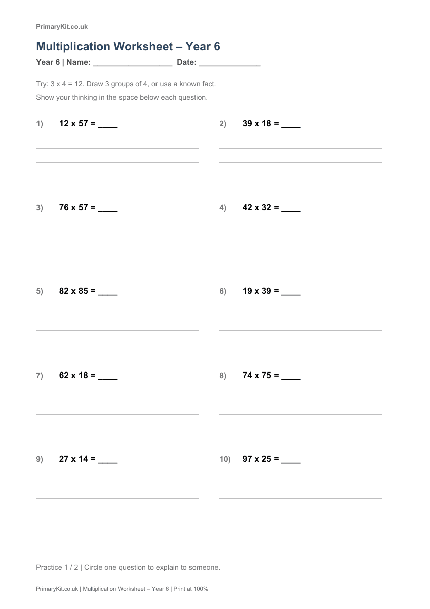 Detail from the first page of Multiplication Worksheet – Year 6