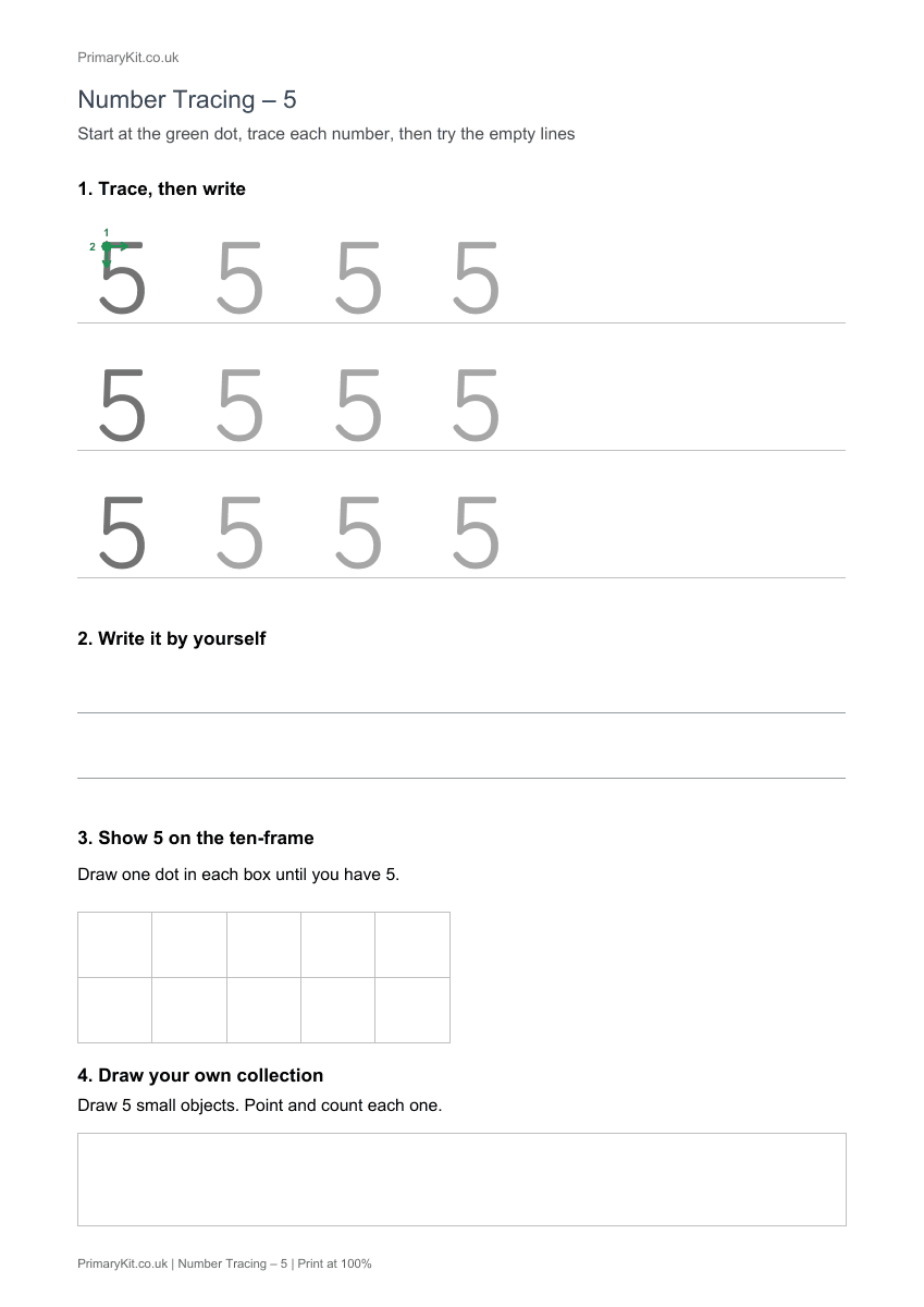 Actual PDF preview, page 1 of Number Tracing – 5